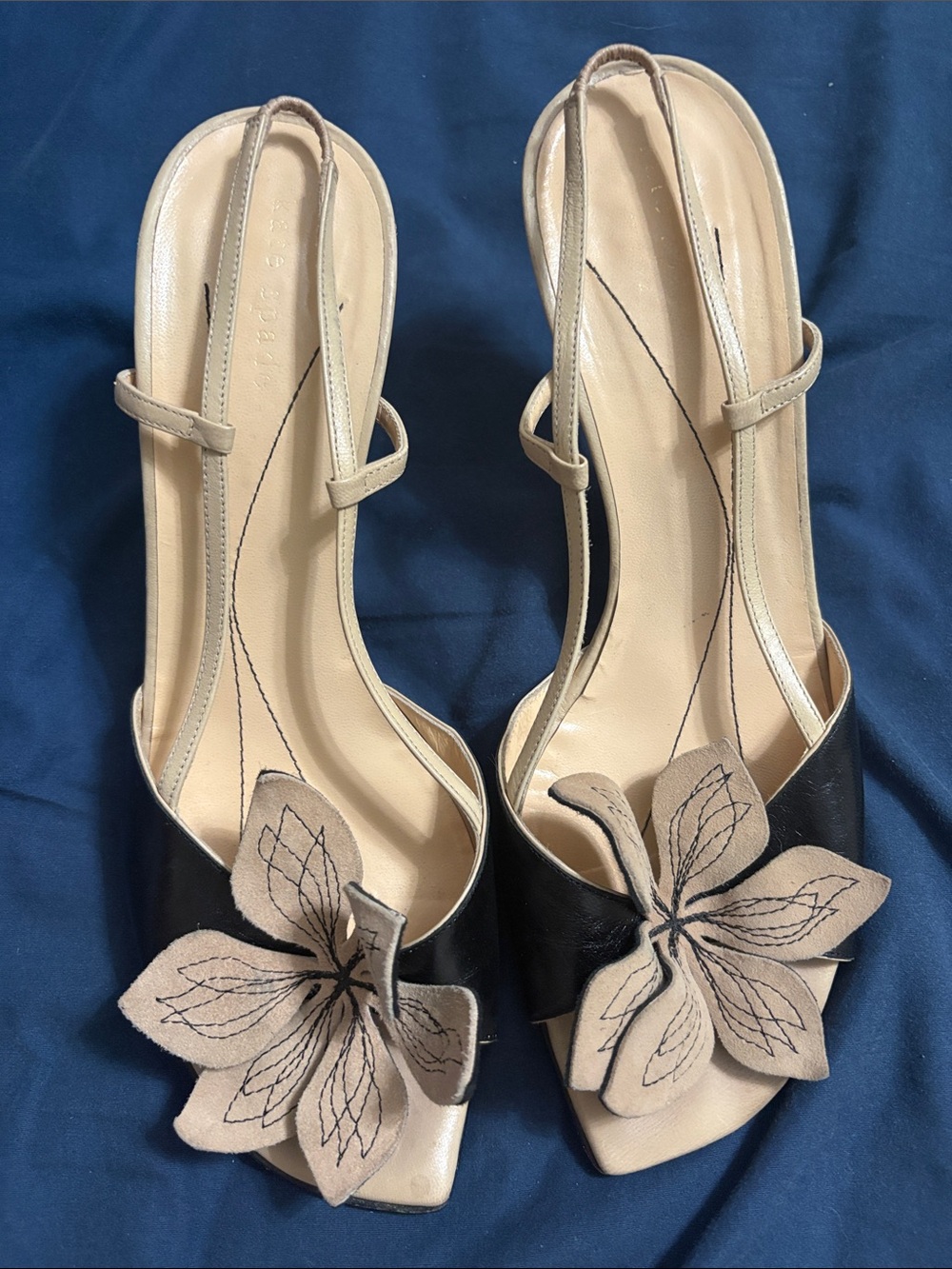 kate spade Beige and Black Floral Applique Slingback Mules